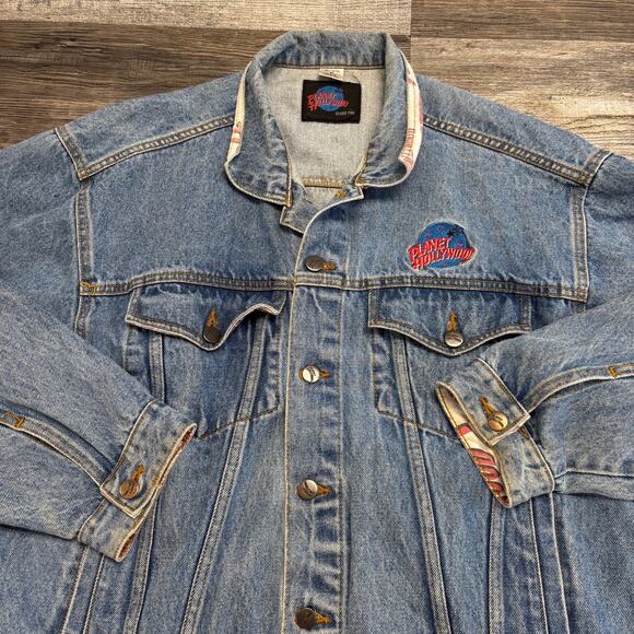 Vintage 90s Planet Hollywood Orlando Blue Mens L Denim Jean Trucker Jacket - Picture 2 of 8